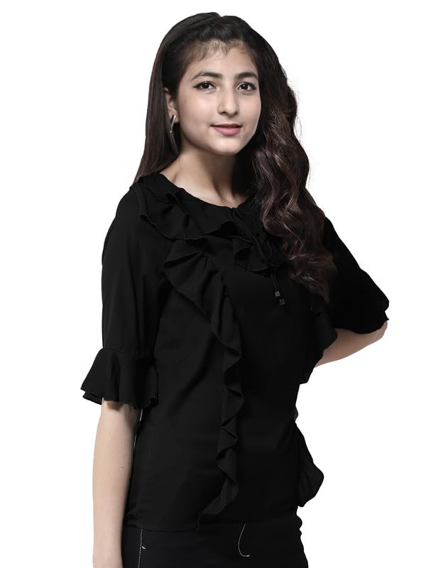 SKY FLY Girls Front Ruffed 3-4 Bell Sleeve DZN top-69 Black Small 1