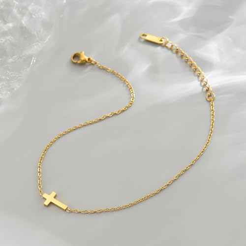 Image of NONAMOIS Ankle Bracelets for Women Dainty 18K Gold Plated Anklet Waterproof Round Beaded Paperclip Herringbone Pearl Chain Anklets Waterproof Beach Foot Jewelry
