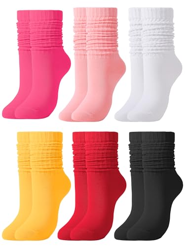 Jspupifip Slouch Socks for Women 6 Pairs, Neon Sock 80s Breathable Stacked Scrunchy Socks Extra Long Knit Knee High Thick Scrunch Sock, 90s Halloween Christmas Carnival Gifts for Girls, Size 7-9