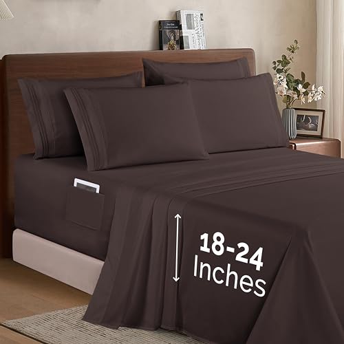 Elegant Comfort 1500 Premium Quality 6-Piece Bed Sheet Set - 18-24 Inch Extra Deep Pocket, Smart Storage Pockets, Wrinkle Free Ultra Soft 6PC Extra Deep Pocket Sheets, Full, Chocolate Brown