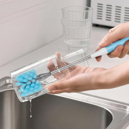Image of Bottle Brush 15-inch Long Bottle Brush, Kitchen Brush Set with Straw Cleaner and Cup Lid Cleaning Brush. Bottle Brushes Suitable for Water Bottles, Cups, Glasses, Baby Bottles (4, Blue)
