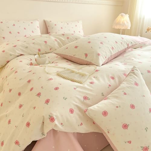 Freyamy Blumen Bettwäsche 155x220 Baumwolle Rosa Floral Herz Bettwäsche Set – Ansicht 4