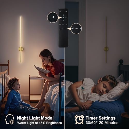 Image of KARTOOSH Brass Battery Operated Wall Sconce Set of Two with Motion Sensor | Rechargeable Wireless Wall Lights with Remote Control, Dimmable, 3000K /4000K /6000K, Timer for Living Room, Hallway,39.3 Inch