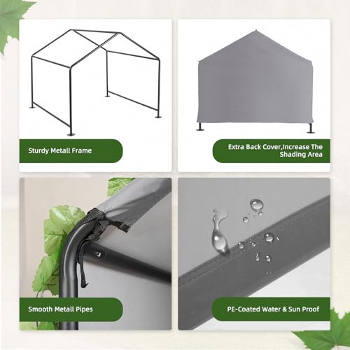 Hundehütte Outdoor für Kleine bis Große Hunde, 120x120x100 cm, Wasserdicht Hundezelt mit Rückentür und künstlichen Weinreben, Sonnenschutz Hundeliege mit Dach für Hühner, Katzen, Farbe in Grau