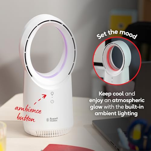 Russell Hobbs, Compact Wireless Desk Fan, USB Rechargeable, 3 Speed Settings, Bladeless Design, Ambient Lighting in White, RHBLDLUSB25