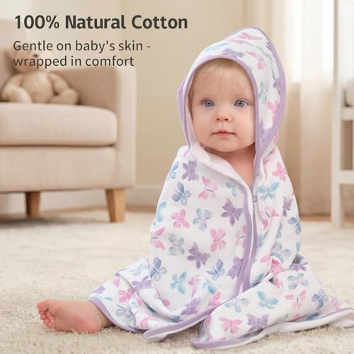 Image of Baby Girl Bath Towels for Newborn, 100% Cotton Hooded Baby Towels for Infant Toddler, 2 Pack Bath Towels with Hood for Kids, 32x32 Inch Soft & Absorbent Knit Terry Bath Essentials Pink Rainbow