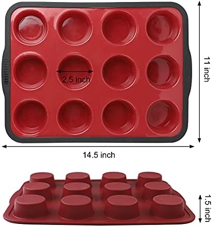 Aichoof Non-Stick Silicone Muffin Pan With Reinforced Stainless Steel Frame Inside,12 Cup Regular Muffin Baking Mold, 12 Cup Muffin Tin, BPA Free,Dishwasher Safe, Red - Thumbnail 2