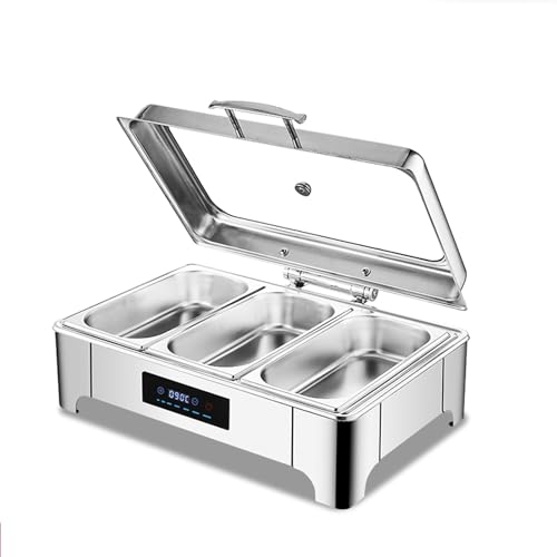 Platos para rozaduras con tapa de cristal, mango de acero inoxidable, temperatura ajustable, sartén completa redonda para bufé y servicio de mesa, ideal para catering y eventos