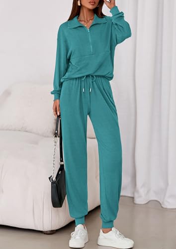 Image of PRETTYGARDEN Women 2 Piece Ribbed Knit Matching Lounge Sets | Comfy Sweat Track Suits, Athleisure Casual Outfit, Half Zip Sweatshirt & Jogger Pants, Fall Winter Clothes for Airport Travel