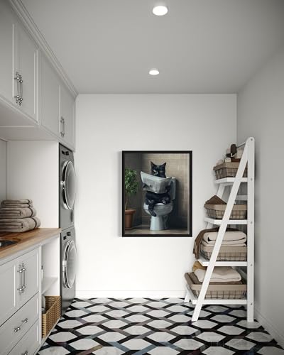 Image of Cat Black on Toilet Wall Art Print Poster, Dog Bathroom Humor Decor Posters Prints for Restroom Home Picture Painting Artwork Gallery 7 (Cat Black, 14 inchL x 11 inchW, Black Frame)