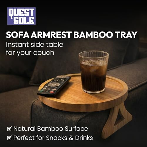 Image of Questsole Home Pack of 2 Round Sofa Armrest Tray - 10 Inch Bamboo Clip-On Couch Table for Coffee, Snacks, Remote & Phone with Adjustable Arm Clamp