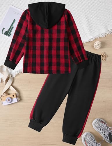 Image of Toddler Boy Clothes Plaid Hooded Shirt White T-shirt Top and Solid Color Pants 3Pcs Winter Boys Clothes
