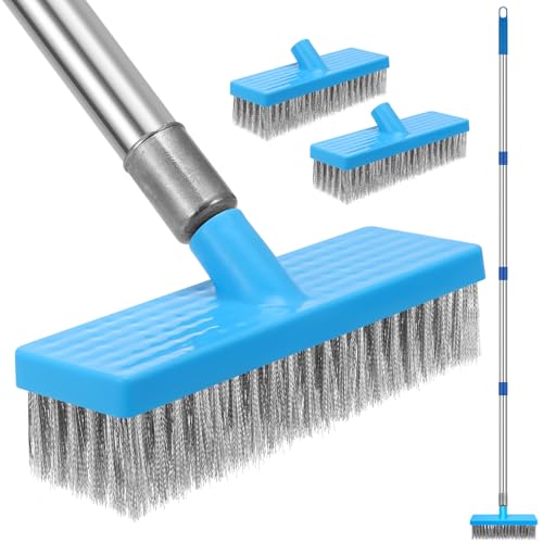 Balai en fil d'acier inoxydable avec manche de 168 cm de long, brosse à récurer en poils métalliques rigides, 4 poteaux amovibles et 2 brosses suces, brosse à récurer pour sol extérieur pour nettoyer