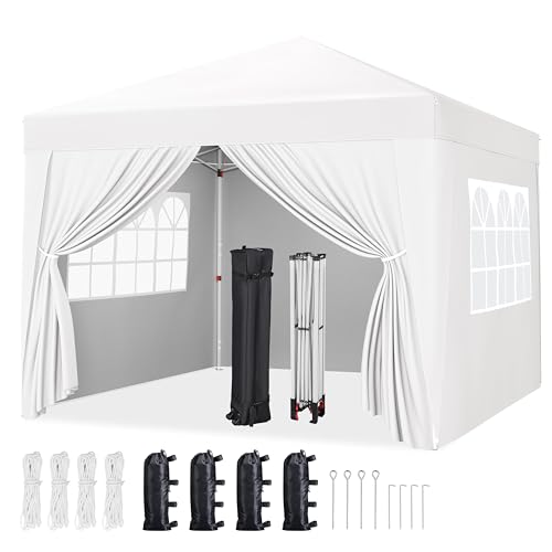 Yaheetech 8x8 Pop Up Canopy with 4 Removable Sidewalls, Portable Enclosed Instant Tent, Waterproof Outdoor Tent, Beach Sun Shelter with 4 Sandbags, 8 Stakes & 4 Ropes, White