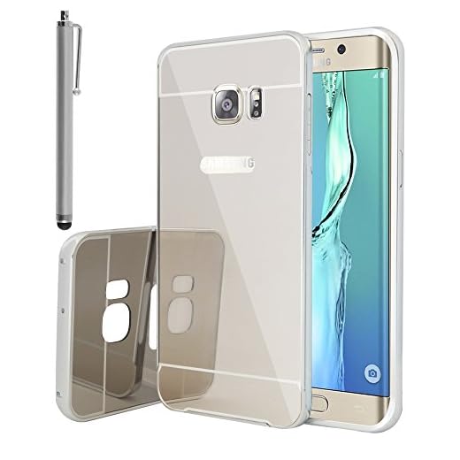 VComp-Shop® 2-i-1 aluminium spegel skyddshölje för Samsung Galaxy S6 edge+ SM-G928F + stor pekpenna + GRATIS skärmskyddsfolie – silver