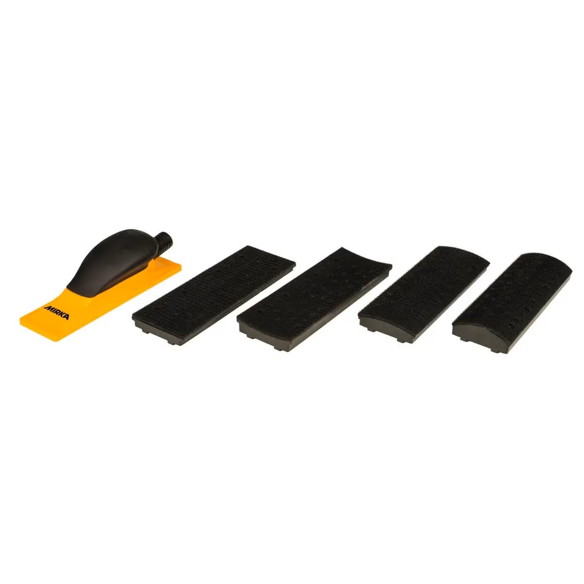 Mirka Handblock Kit/Levigatrice manuale con accessori convessi e concavi/per nastri abrasivi 70x198 mm con fissaggio a velcro + 40 nastri abrasivi Abranet, tubo di aspirazione da 4 m, adattatore