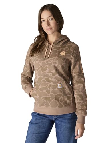 Carhartt Women's Relaxed Fit Midweight Logo Sleeve Graphic Printed Sweatshirt, Soft Sepia Vintage Camo, Large