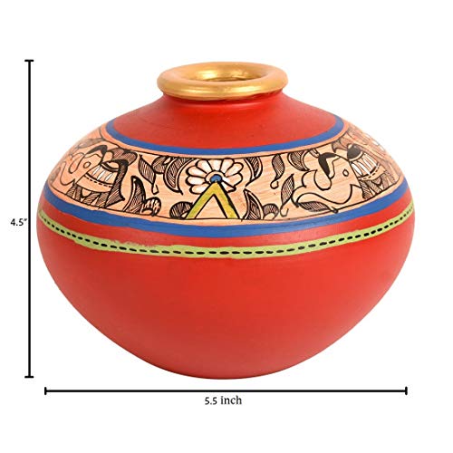 Image of Aakriti Art Creations Earthen Handcrafted Red Madhubani Vase 4.5x5.5 (HxD) | Terracotta Flower Vase | Matte Finish Traditional Decorative Vase for Living Room Decor, Table Decor, Shelf Decor & Gifting