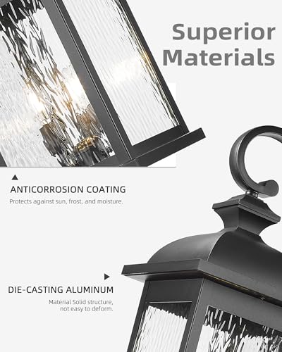 Image of FEMILA 26 inch Outdoor Wall Light, Large Exterior Wall Lantern with Water Ripple Glass, 3-Light Outdoor Wall Light Fixtures for Entryway, Patio, Garage, Doorway, E12 Base, 4FD54B-L BK