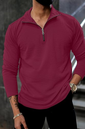 Image of KAJARU Men's Quarter Zip Pullover T-Shirt, Textured Ribbed Long Sleeve, Casual Mock Neck