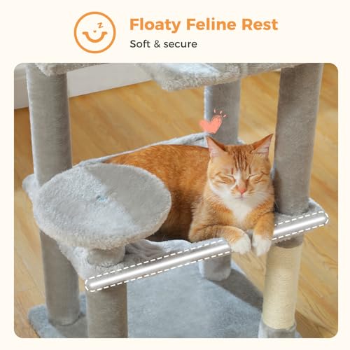 Image of MUTTROS Cat Tree for Indoor Cats, 44.5 inch Multi-Level Cat Tower with Large Metal Frame Hammock, Cat Condo with 2 Scratching Posts and Top Perch for Small to Medium Cats, Grey