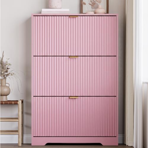 Image of BORNOON Entryway Shoe Cabinet with 3 Flip Drawers, Narrow Shoe Organizer Cabinet with Fluted Panel and Adjustable Shelves for Foyer, Hallway