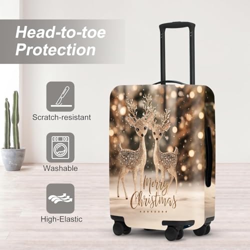 Image of Deer Luggage Cover - Two Reindeer in Snow with Glowing Tree, Warm Winter Scene Suitcase Protector for 32 34 Inch Bag