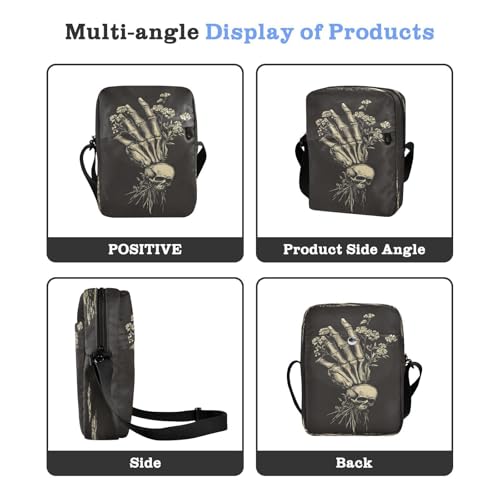 Crossbody Bag Gothic Skull Skeleton Hand Flower Messenger Bag for Women Men Purse Shoulder Bag Satchel Bag with Adjustable Strap 214B94124