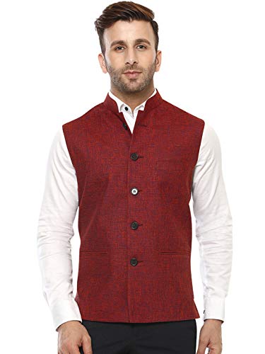 Vastraa Fusion Men's Cotton Blended Fabric Bandhgala Nehru Jacket/Waistcoat (Red, 42)