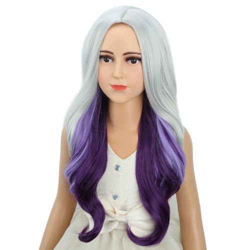 Image of Silver Gray Ombre Purple Wig for Child Girls Long Grey Ombre Purple Middle Part Wig Kids Silver Gray to Wavy Curly Wigs Heat Resistant Synthetic Wigs with Cap
