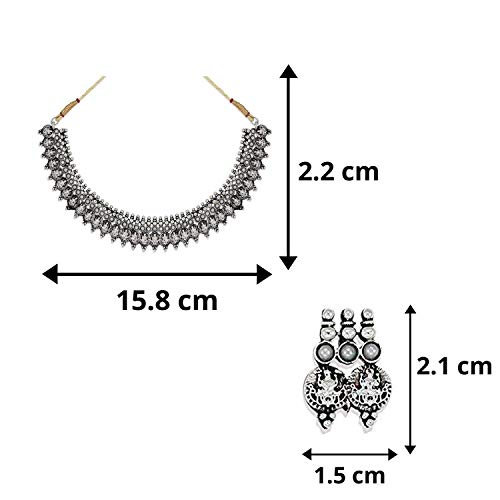 Image of Om Jewells Oxidised Silver Plating Alloy and Floral Multistrand Necklace Set And Temple Choker Necklace Set for Women & Girls (Silver)