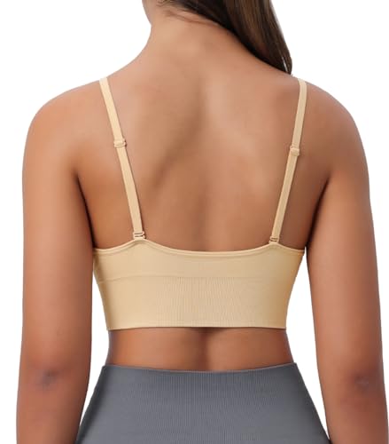 Image of Deep V-Neck Adjustable Women's Sports Bra | Wireless Longline Strappy Criss Cross Padded Spaghetti Straps Light Impact Workout Yoga Crop Top