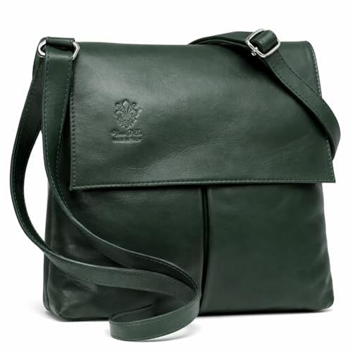 Image of LeahWard Womens Double Pocket Messenger Bag Genuine Italian Soft Leather Cross Body Shoulder Bag Handbag (Dark Green)