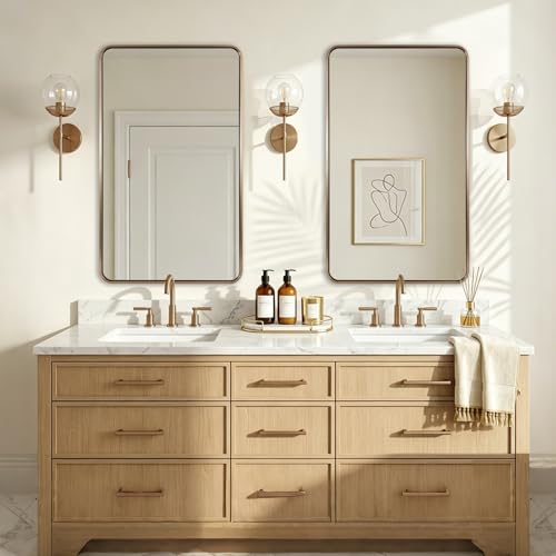 Image of ANDY STAR 24x40'' Brushed Champagne Bronze Bathroom Mirror, Rounded Rectangle Vanity Mirrors for Bathroom, Beautiful Oblong Mirrors for Over Sinks in 1'' Rustproof Tube Metal Framed Wall Mounted