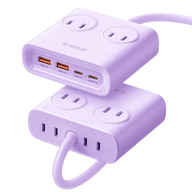 ORICO 小方砖USB電源タップ（8口、25W）（コンセント4口 USB-C×2/USB-A×2、延長コード1m）【PSE技術基準適合/USB Power Delivery対応】Windowsパソコン iPad iPhone Galaxy Androidスマートフォン ノートパソコン 各種デバイス対応 - 紫 - PDC（一つの装い）