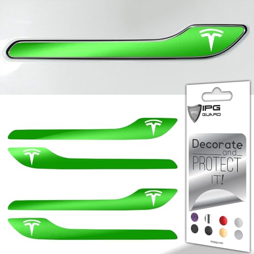 Image of IPG Compatible for Model 3 / Model Y /Juniper Door Handle Decal Sticker Wrap Kit (Set of 4) with Tesla Logo Personalize Your Tesla (Neon Series - Green)