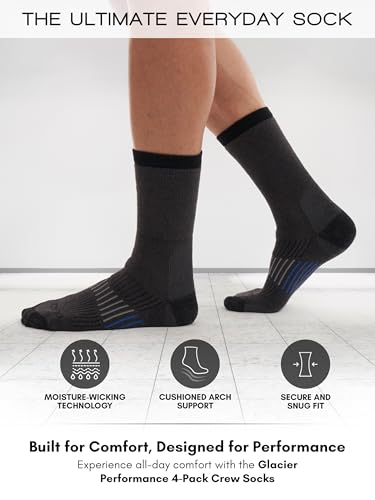 Men's Cushioned Moisture-Wicking Crew Socks (4-Pack) Mid-Weight Work Socks Moisture-Wicking, Arch Support, Fits Sizes 6-122