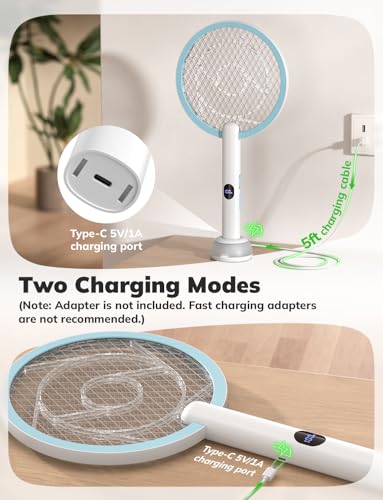 Image of YISSVIC Electric Fly Swatter Bug Zapper Racket 4000V LED Screen Dual Modes Fly Zapper Rechargeable for Indoor Home Office Backyard Patio Camping (White Blue)