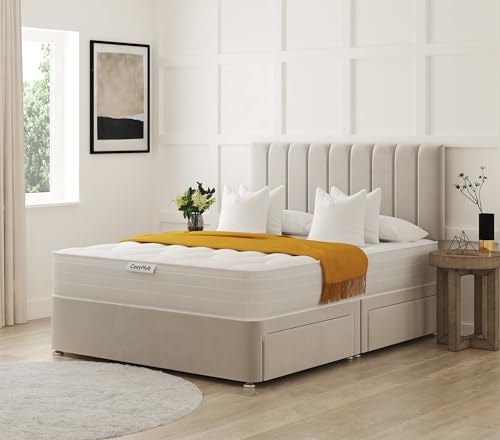 COZY HUB LTD Panel Thin Line Plush Velvet Divan Bed with 10 Inch Ortho Tufted Mattress & Headboard – Luxury Divan Set with Drawer Storage Options. (Silver, 4Ft6-2 Drawers)