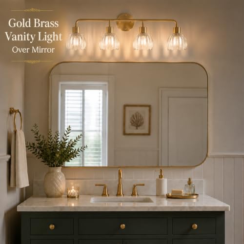 Image of 4-Light Gold Brass Bathroom Light Fixture with Clear Tulip Glass Shade,Wall Sconces,Vintage Vanlity Light Over Mirror,Bathroom Wall Light,E26 Socket(Bulbs Not Included) ASIN B0FVG
