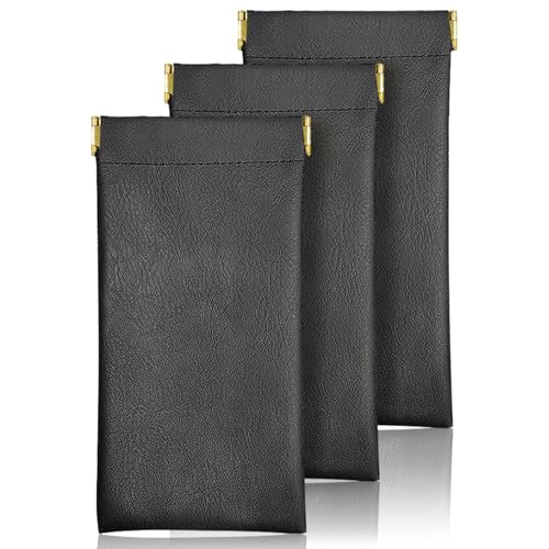 Generisch Sonnenbrillenetui, tragbar, kratzfestes Leder, wasserdicht, mit Quetschverschluss, weiche Brillenetuis mit Reinigungstuch aus PU-Leder für Damen und Herren, 3 Stück,Schwarz