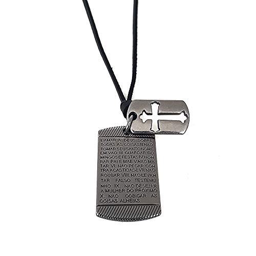 Colar Masculino Cordão Couro Pingente 10 Mandamentos Crucifixo Vazado By Cocar