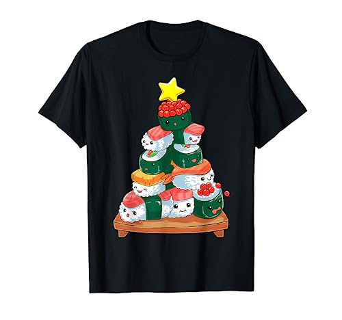 Kawaii Christmas Albero di Natale con Sushi Giapponese Maglietta