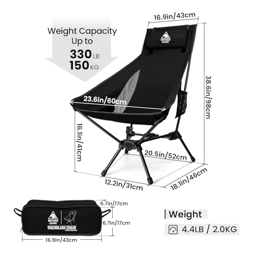 Image of ONETIGRIS Tigerblade High Back Camping Chair with Pillow Design, Comfortable Widened Seat Folding Chair