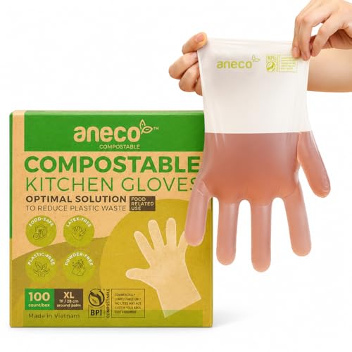 ANECO 100% Compostable Gloves for Cooking Food Prep - Extra Large Disposable Food Prep Gloves for Kitchen - Latex & Powder-free Food Grade with BPI Certified (100 Count)