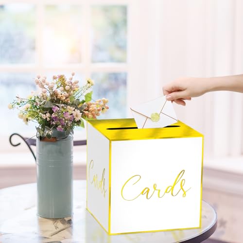 Image of White Card Box for Party, 8.7 inch Gold Foil Gift Cards Receiving Box Holder for Wedding, Bridal Shower, Graduation, Birthday, Retirement, Baby Shower, Anniversaries Party Decorations