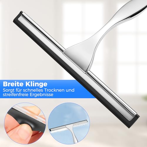 Wlich Duschabzieher, 25,5 cm Breit, Abzieher Dusche Edelstahl Fensterabzieher mit ABS Kunststoff Handgriff, Duschwischer mit Halterung für Glastür Bad Fenster Spiegel Fliesen Autoglas