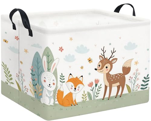 Image of Rectangular Kids Storage Basket Baby Storage Basket with Handles for Home Kitchen Boys and Girls Cute Toy Storage Bin Organizer Shelf Book Room Decor(Flower Animal)
