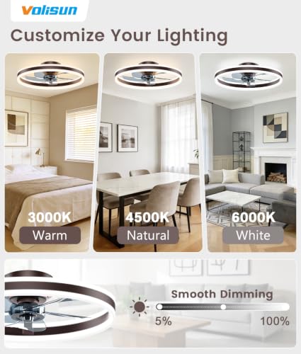 Image of VOLISUN Low Profile Ceiling Fans with Lights and Remote, 20in Flush Mount Ceiling Fans with Light, 3000K-6500K Dimmable Fandelier LED Fan Light, Brown Bladeless Ceiling Fans with Lights for Bedroom