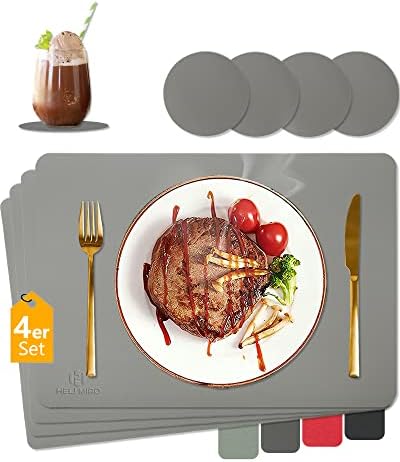 HELI MIAO Tischsets Abwaschbar,Platzsets Abwischbar, Leder,Hitzebeständig Doppelseitigen I 4er Set Platzdeckchen Lederoptik mit Untersetzer,Tischuntersetzer rutschfest,Hellgrau